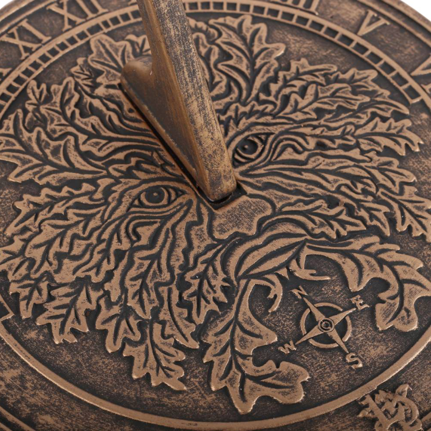 Green Man terracotta Sundial design by Lisa Parker rustic bronze colour close up