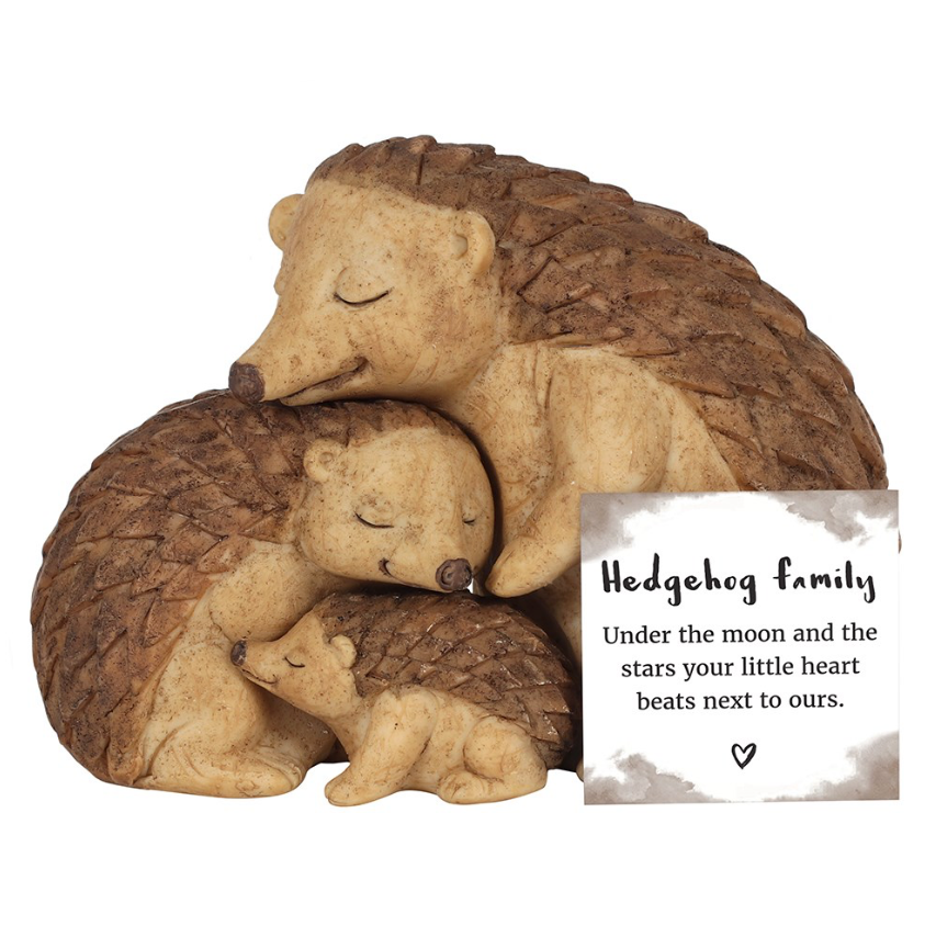 Hedgehog Family Ornament three hedgehogs parents and child with card