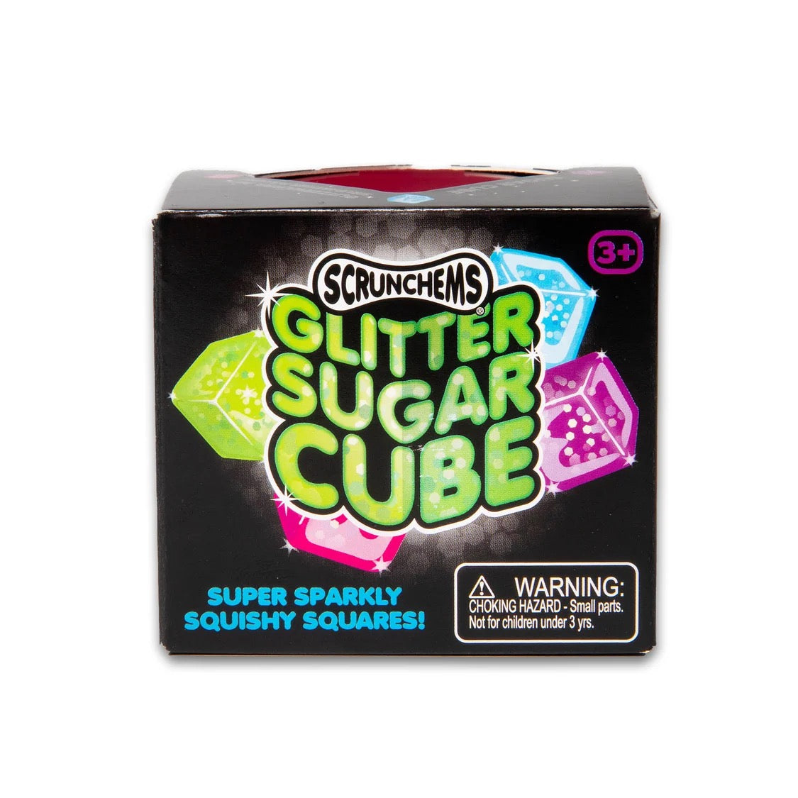 Scrunchems Glitter Sugar Cube toy packaging box, featuring a black background with colourful neon gem graphics and a warning label on the front.
