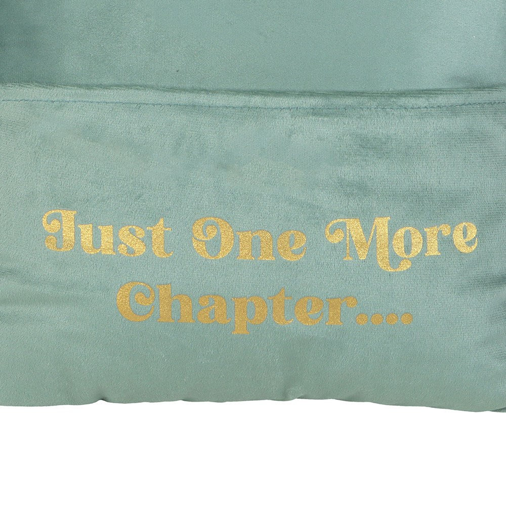 Text 'Just One More Chapter...' on a textured green surface book cushion