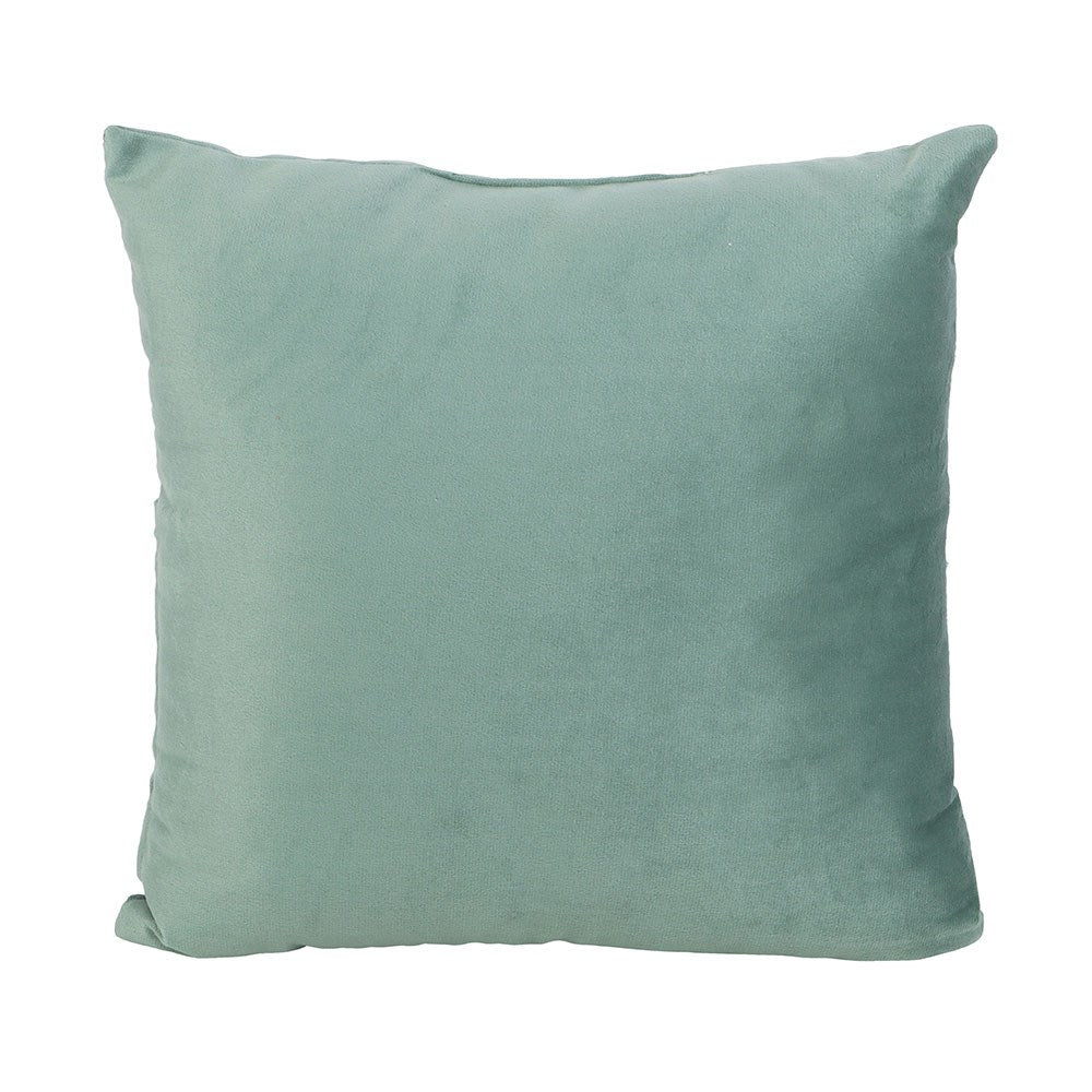 Solid light green pillow on a white background back of book cushion