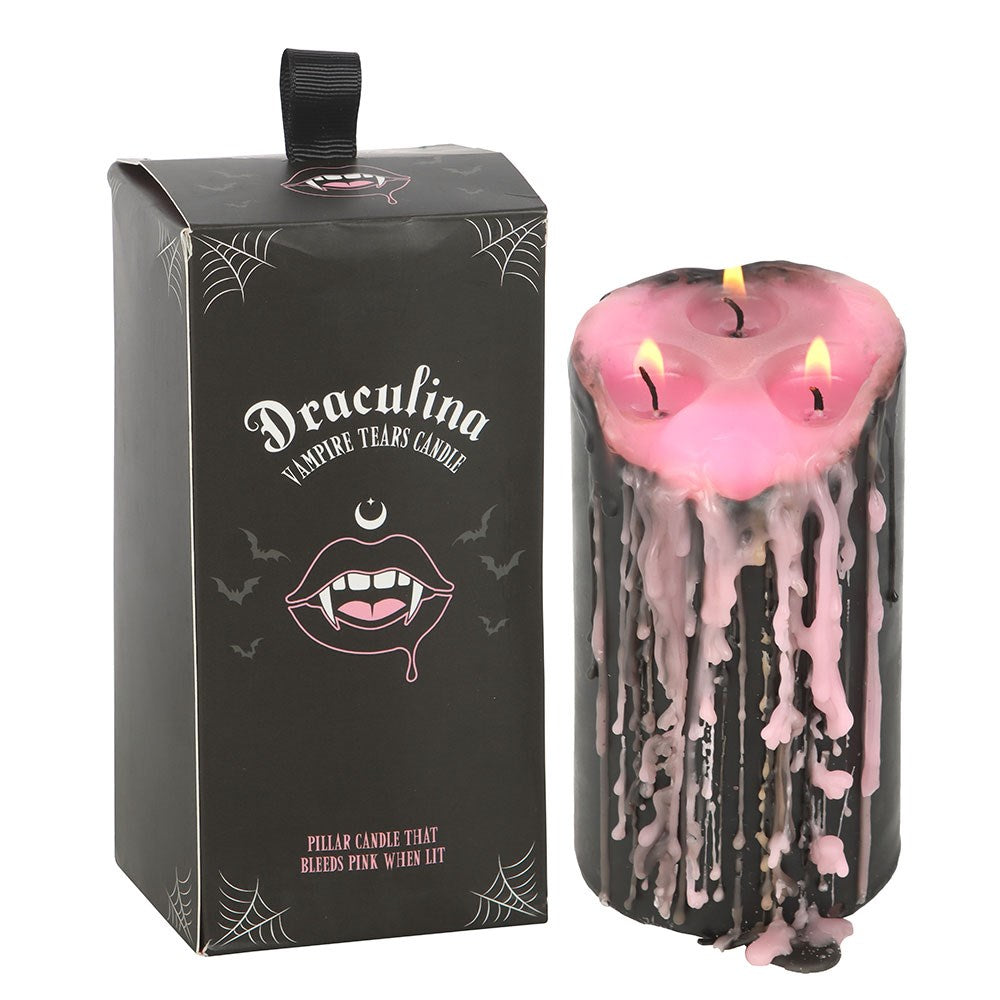 Large Pink Vampire Tears Pillar Candle black candle with internal pink wax with box