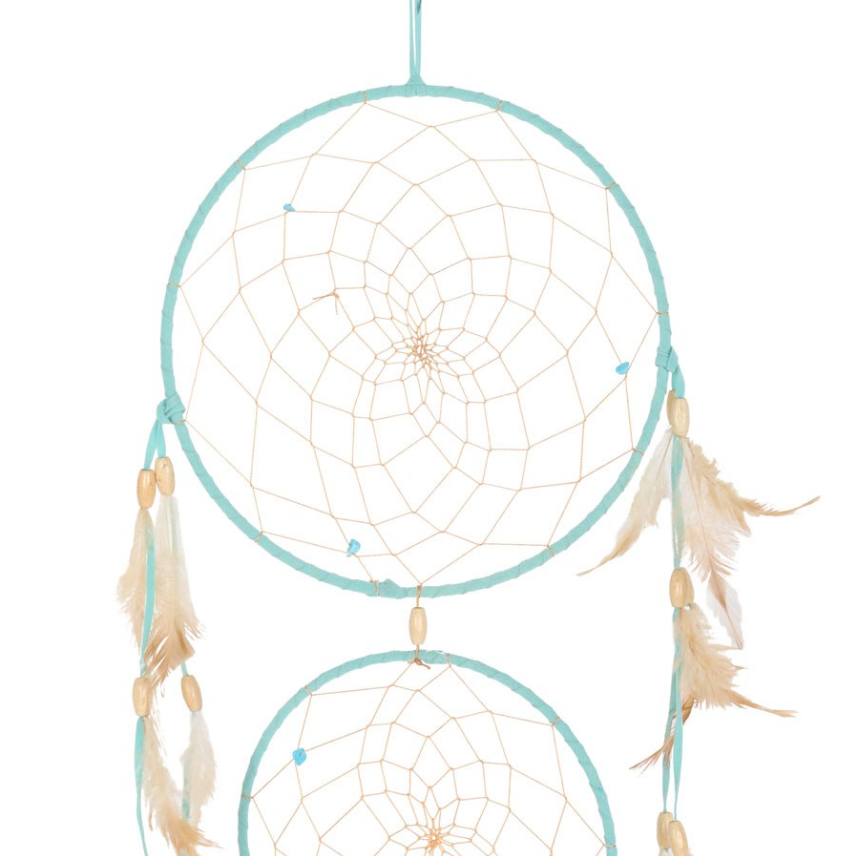 Light Blue Triple Dreamcatcher with Feathers close up