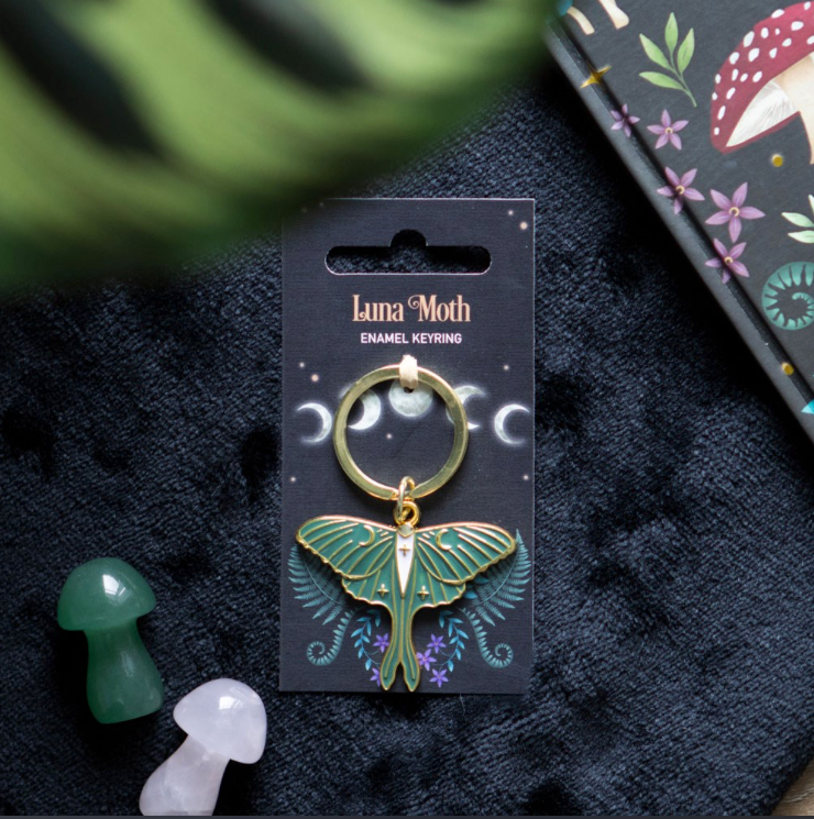 Luna Moth green and white enamel metal keyring on card