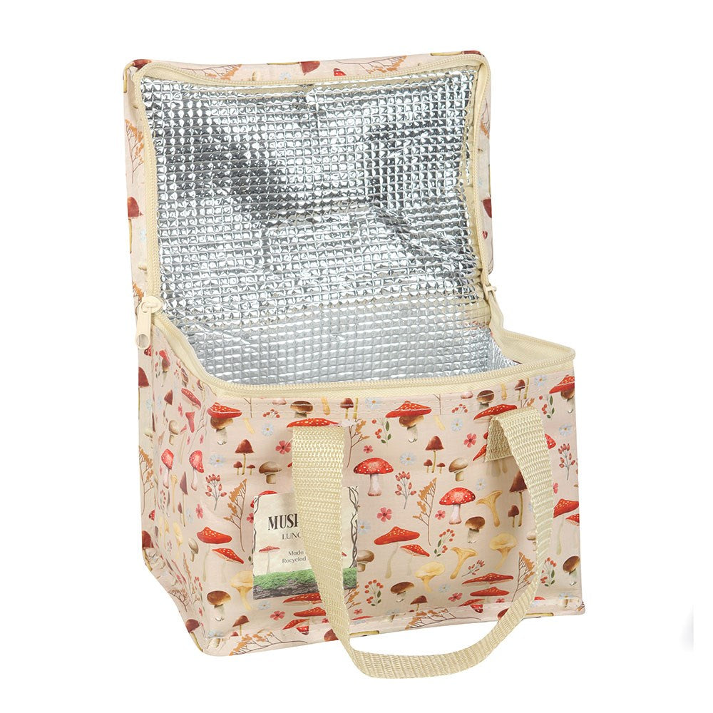 Insulated lunch bag with floral and mushroom fungi pattern and silver interior