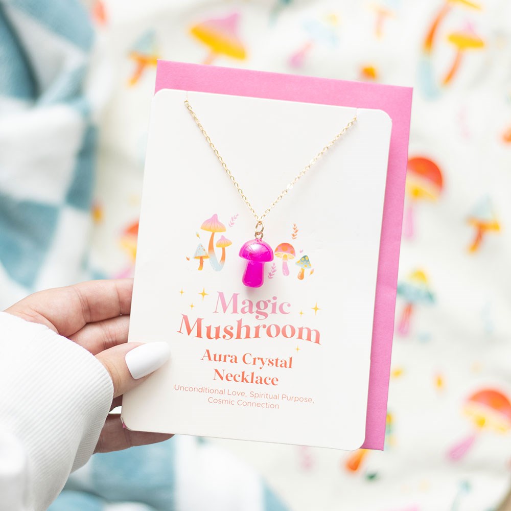Pink Crystal Mushroom Necklace Greeting Card