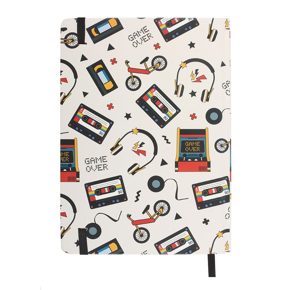 Notebook with retro design featuring cassette tapes, bicycles, and 'Game Over' text on a white background.