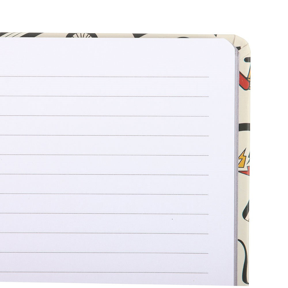 Notebook with lined pages and colorful border on a white background