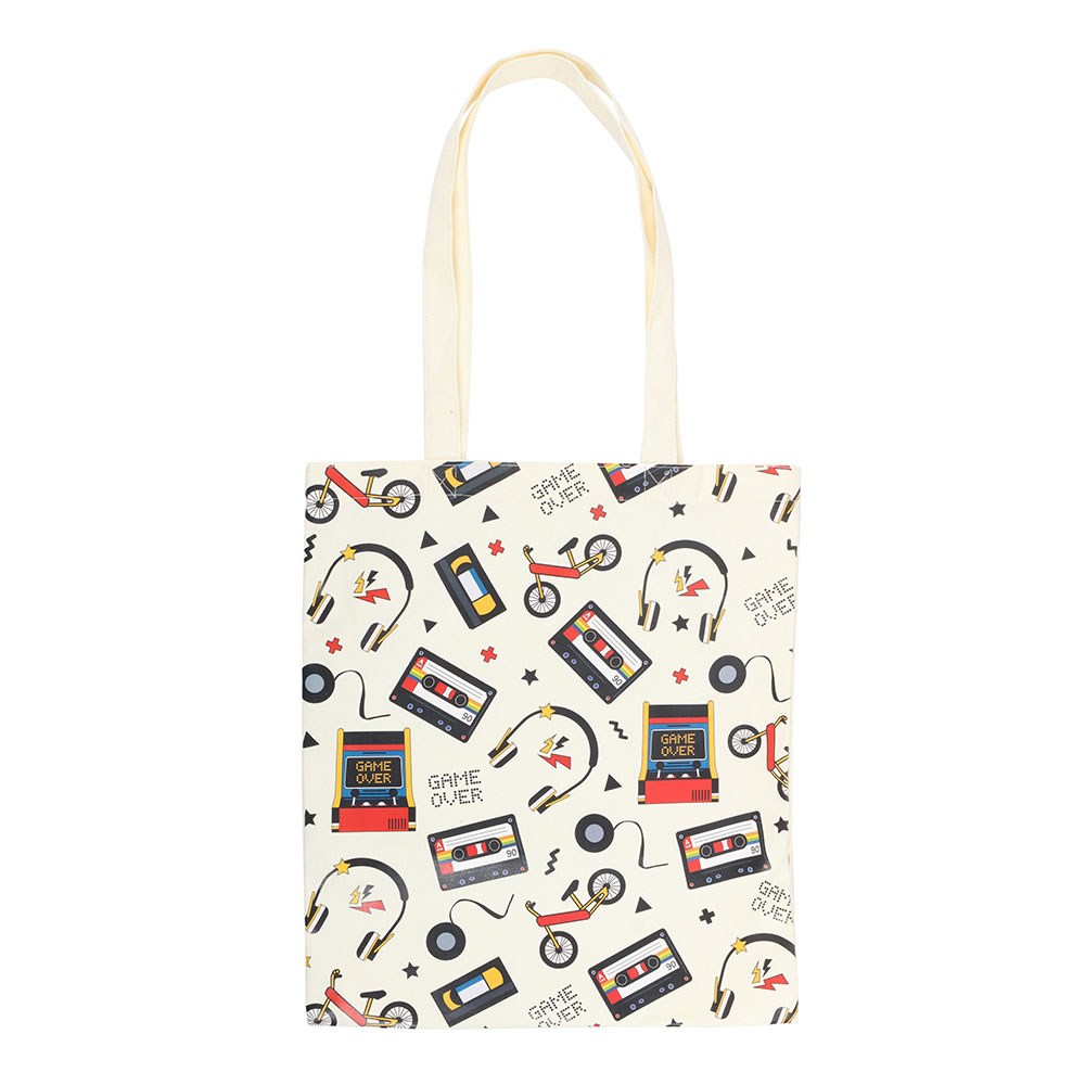 Tote bag with retro-themed design featuring cassette tapes, headphones, and game console icons on a white background.