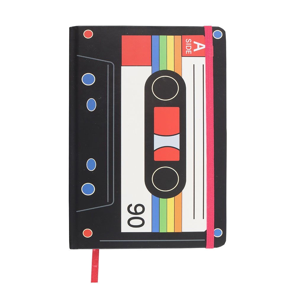 Notebook designed like a retro cassette tape on a white background