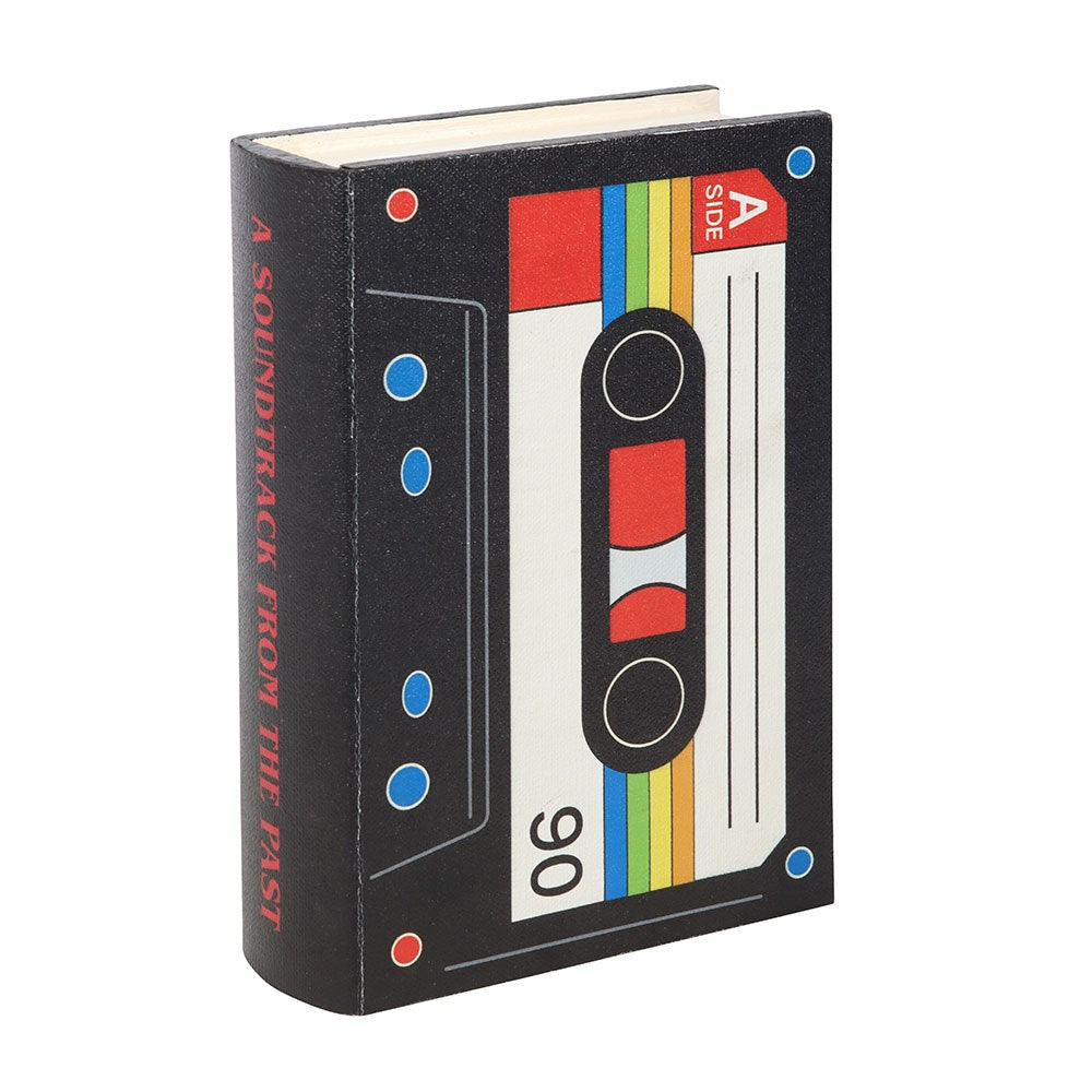Storage box designed like a retro cassette tape with colourful design elements on a white background