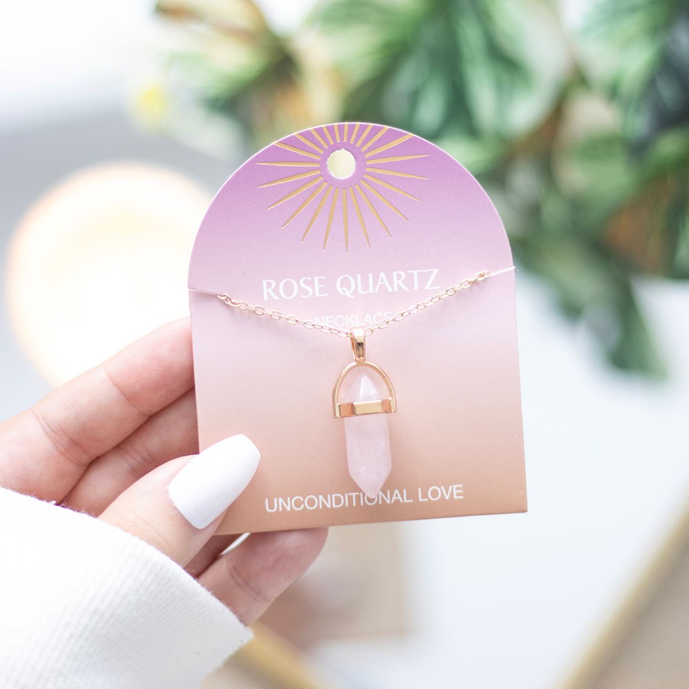 Rose Quartz Crystal Pendant Necklace on card