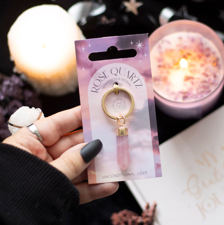 Rose Quartz Semi Precious Crystal Keyring display