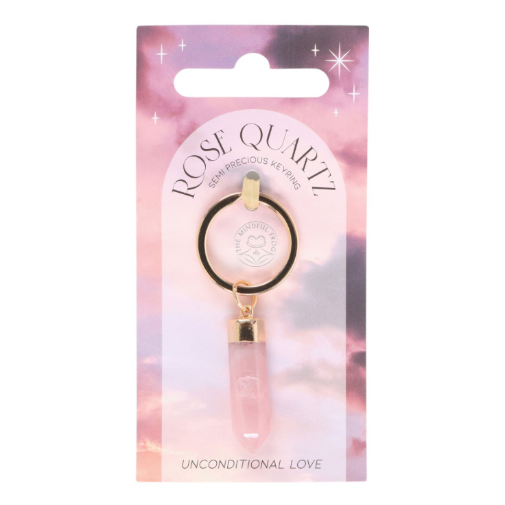 Rose Quartz Semi Precious Crystal Keyring on card that states unconditional love