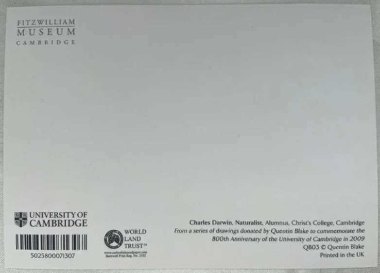 Charles Darwin postcard - University of Cambridge - Quentin Blake Design back