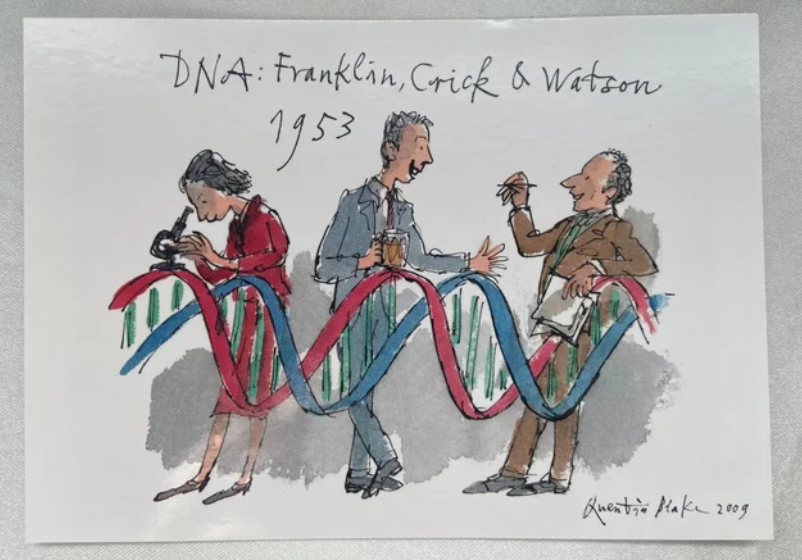 DNA Franklin, Crick & Watson postcard - University of Cambridge Quentin Blake Design