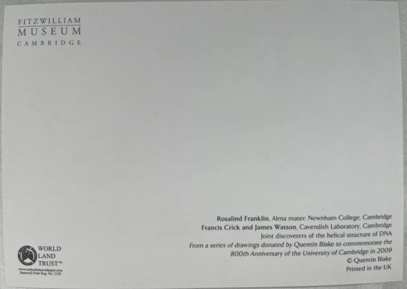 DNA Franklin, Crick & Watson postcard - University of Cambridge Quentin Blake Design back