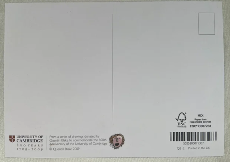Henry VIII & King's Choir 1544 postcard - University of Cambridge Quentin Blake Design back