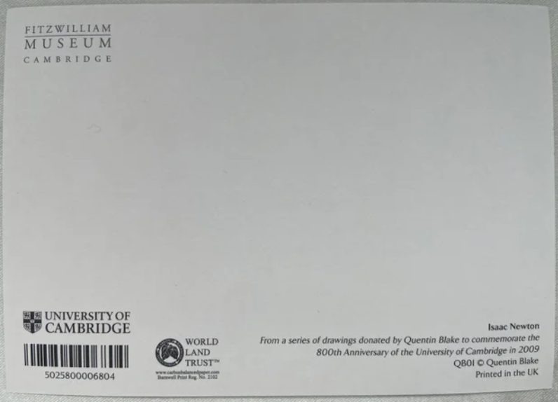 Isaac Newton postcard - University of Cambridge Quentin Blake Design back