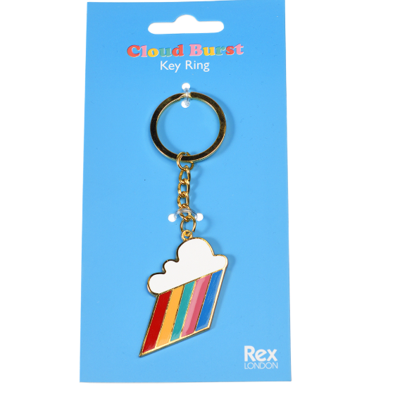 Retro 1980's Style Cloud Burst Rainbow Keyring in packaging