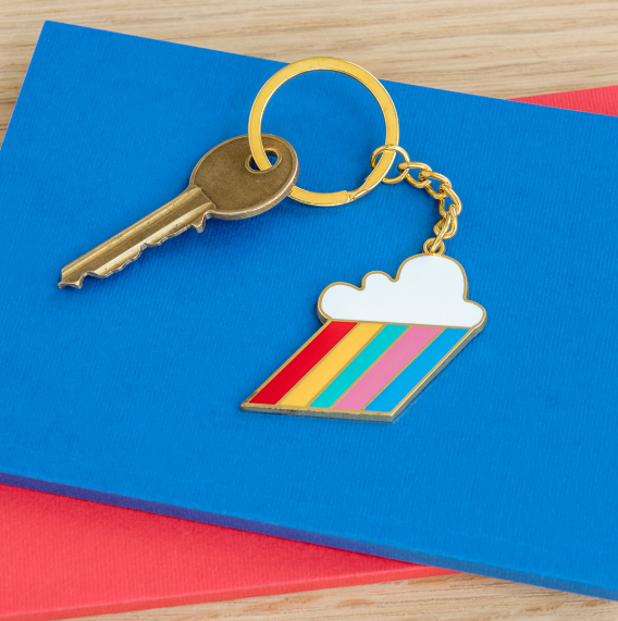 Retro 1980's Style Cloud Burst Rainbow Keyring in use