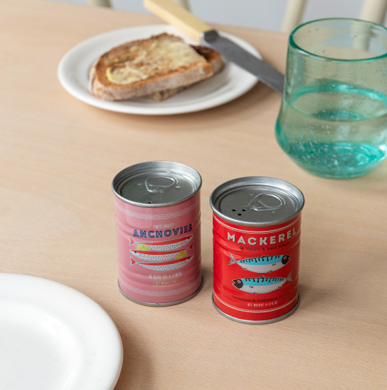 Vintage Style Fish Tin Salt and Pepper Shakers on table