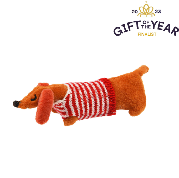Mini sausage dog in a little box left side