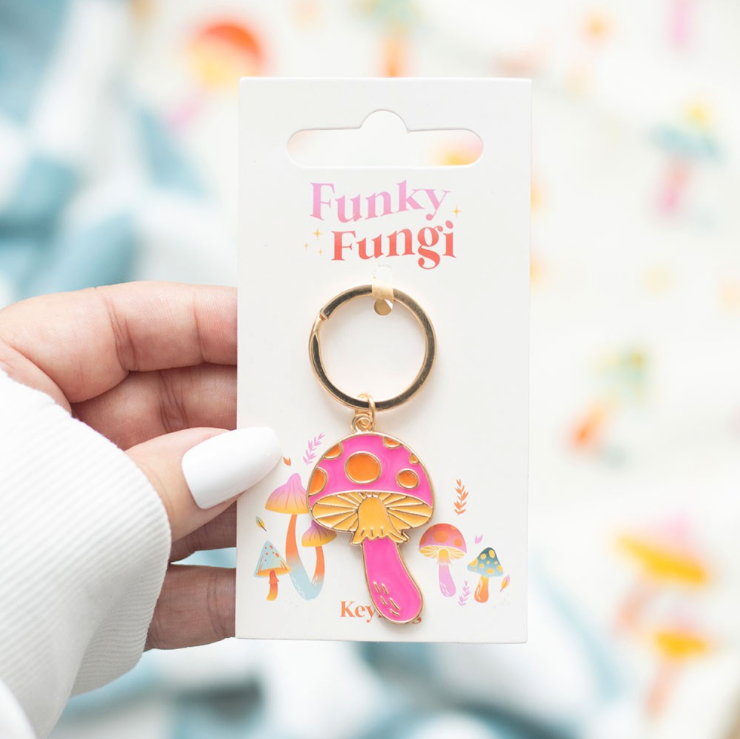 Pink, orange and yellow enamel metal Funky Fungi Mushroom Keyring display