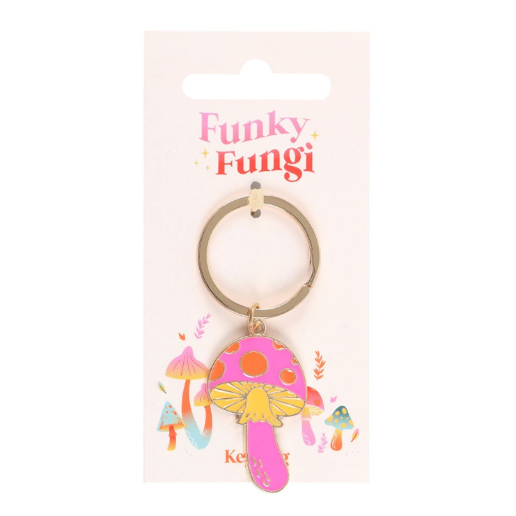 Pink, orange and yellow enamel metal Funky Fungi Mushroom Keyring on card