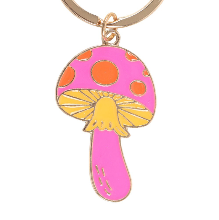 Pink, orange and yellow enamel metal Funky Fungi Mushroom Keyring close up