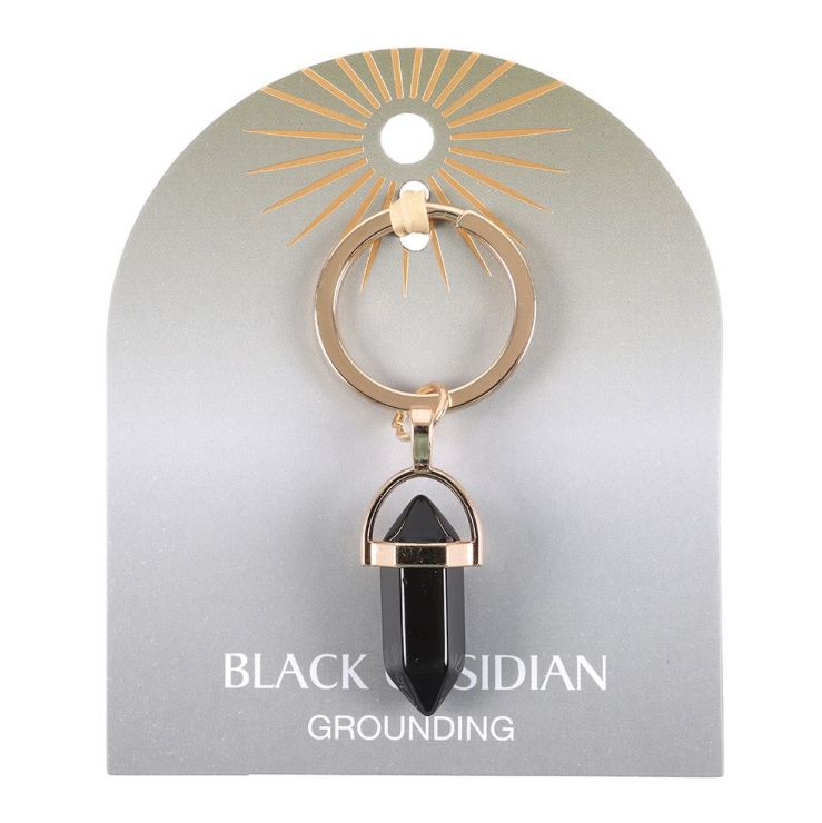 Black Obsidian Crystal Keyring on card stating grounding