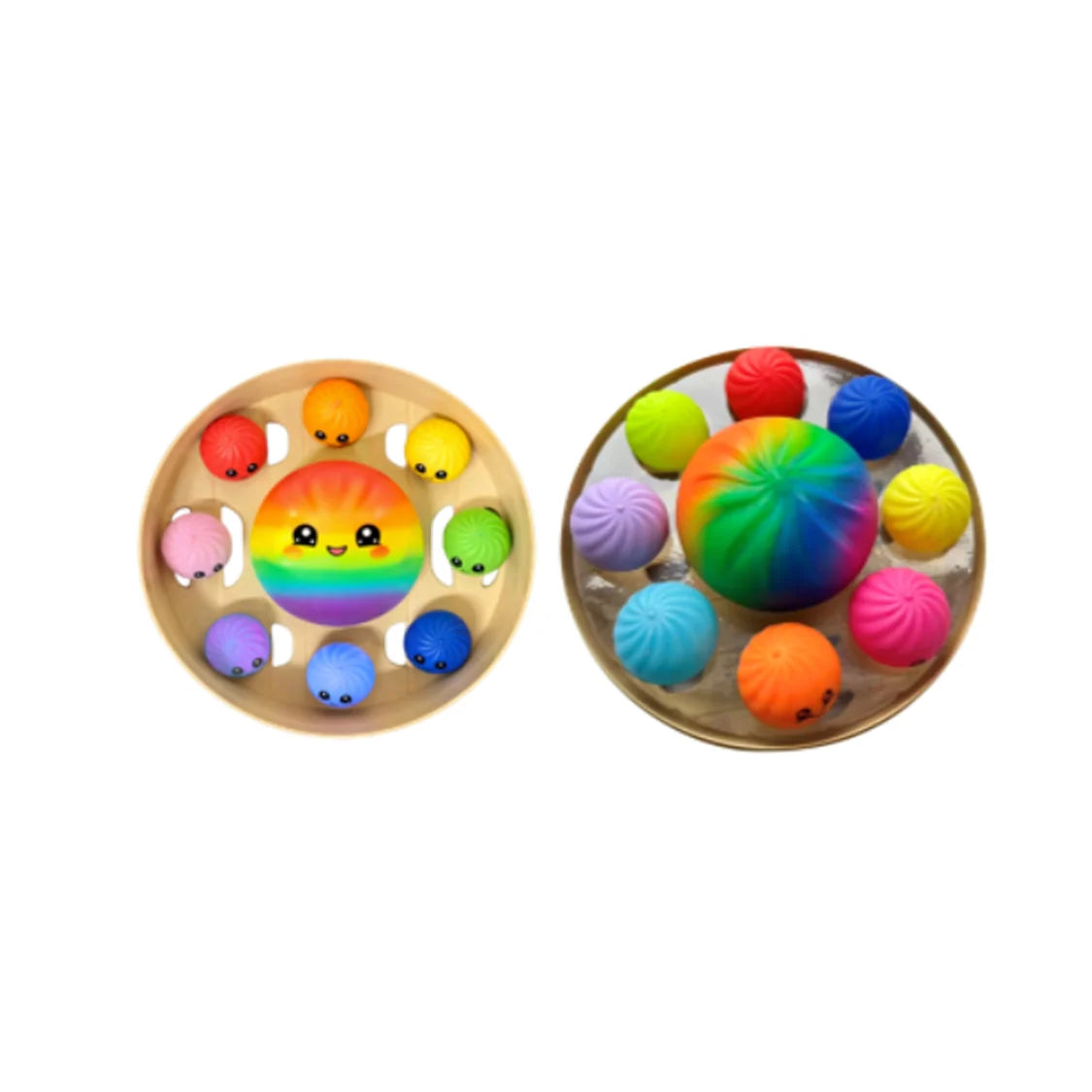 Two containers with colorful, round, cartoon-like scrunchems squishy dumplings on a white background.