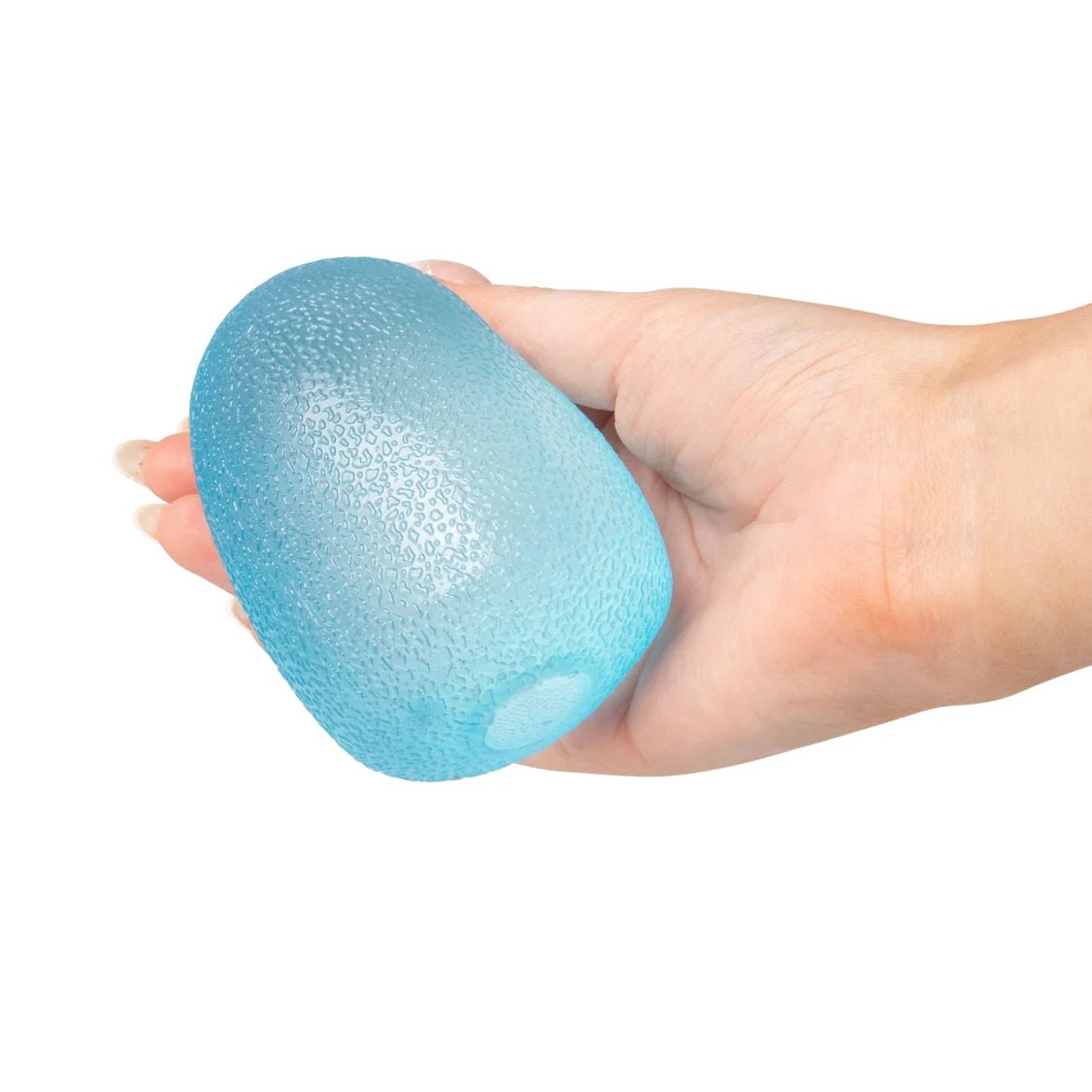 Hand holding a blue Scrunchems Squishy Sugar Drop against a white background