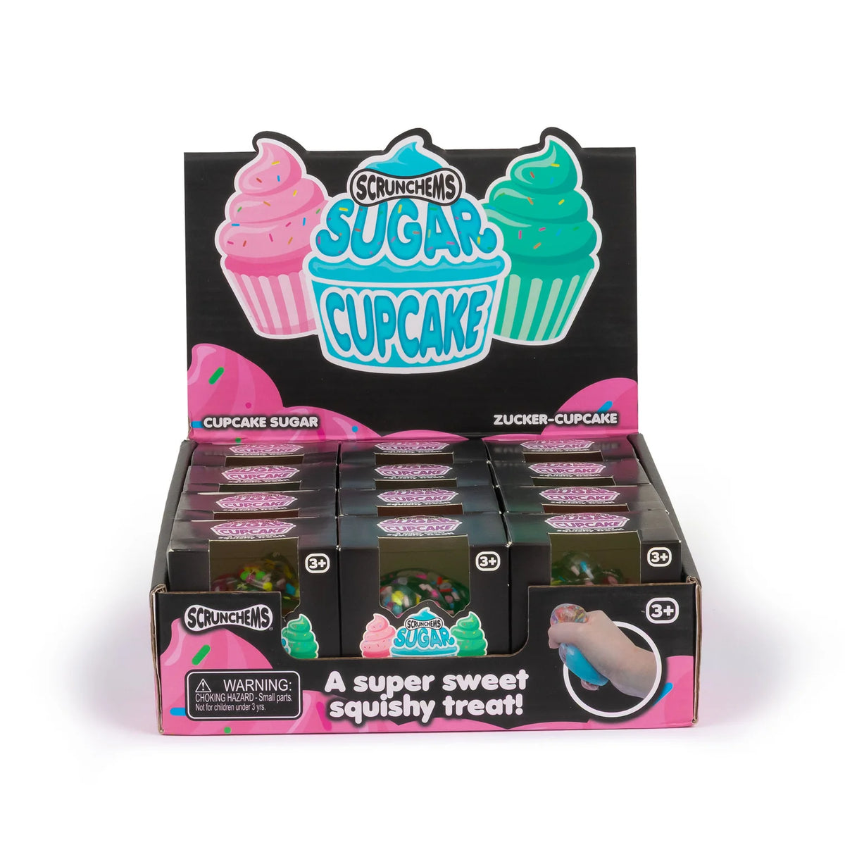 Display box of Scrunchems Sugar Cupcake squishy toys with colourful packaging.
