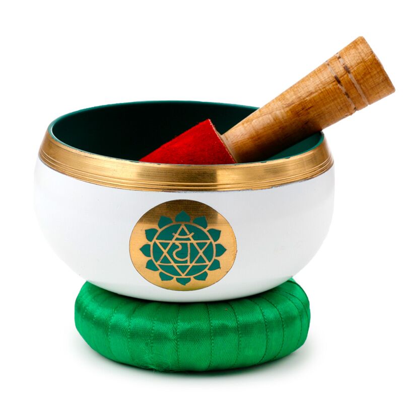 Singing Bowl Green Chakra with mango wood stick and cushion