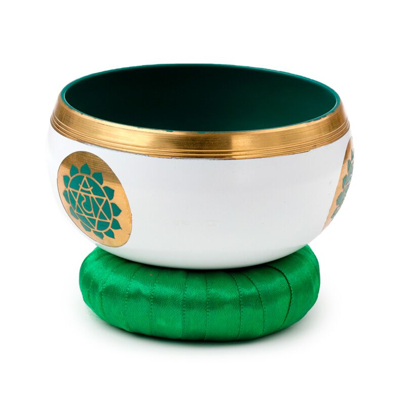 Singing Bowl Green Chakra with mango wood stick and cushion side