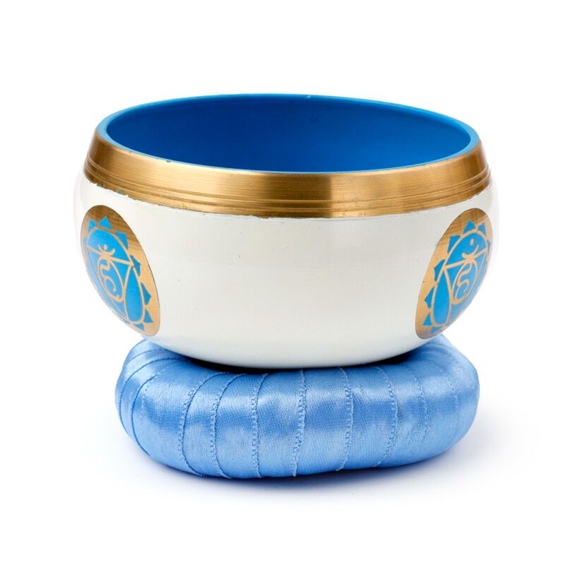 Singing Bowl Light Blue Chakra with mango wood stick and cushion side