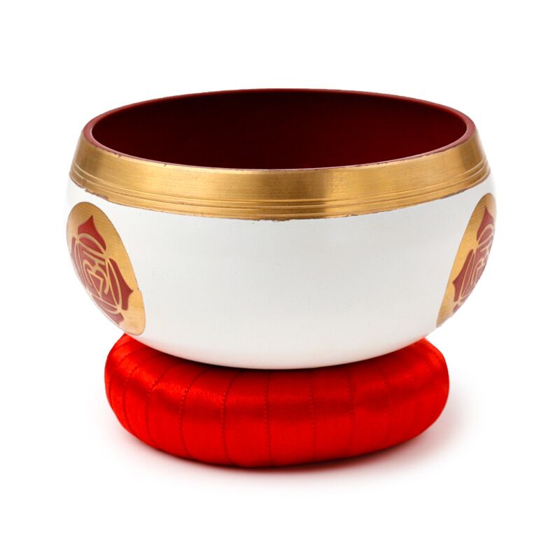 Singing Bowl Red Chakra with mango wood stick and cushion side