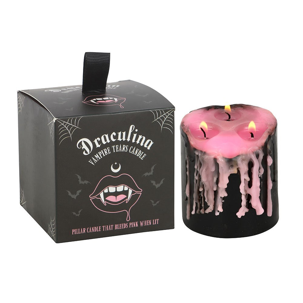 Small Pink Vampire Tears Pillar Candle black candle with pink wax inside with box