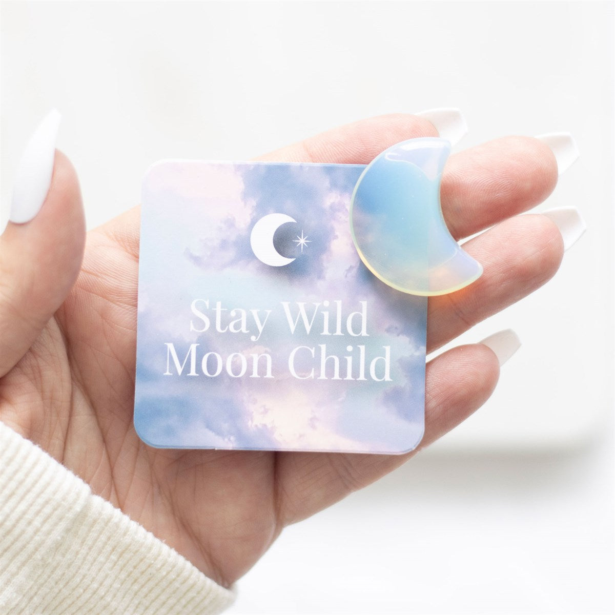 Stay Wild Opalite Crystal Moon in a Bag display