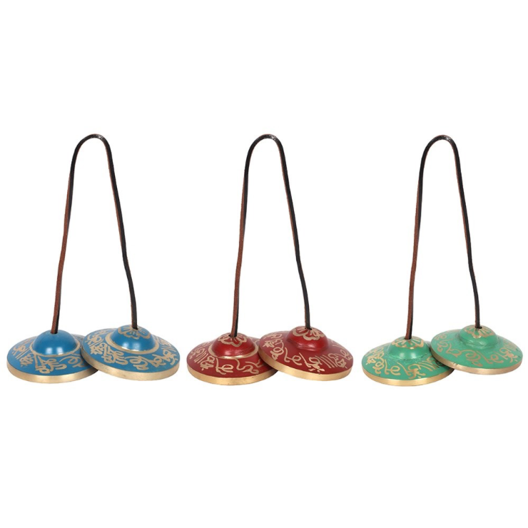 Tingsha in a Bag red blue and green finger cymbals with leather strap