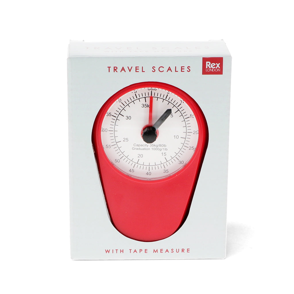 Mechanical travel scales in red, with built-in tape measure. box front