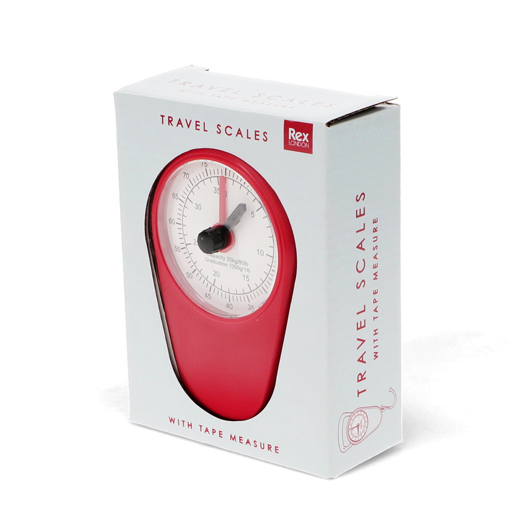 Mechanical travel scales in red, with built-in tape measure. box view