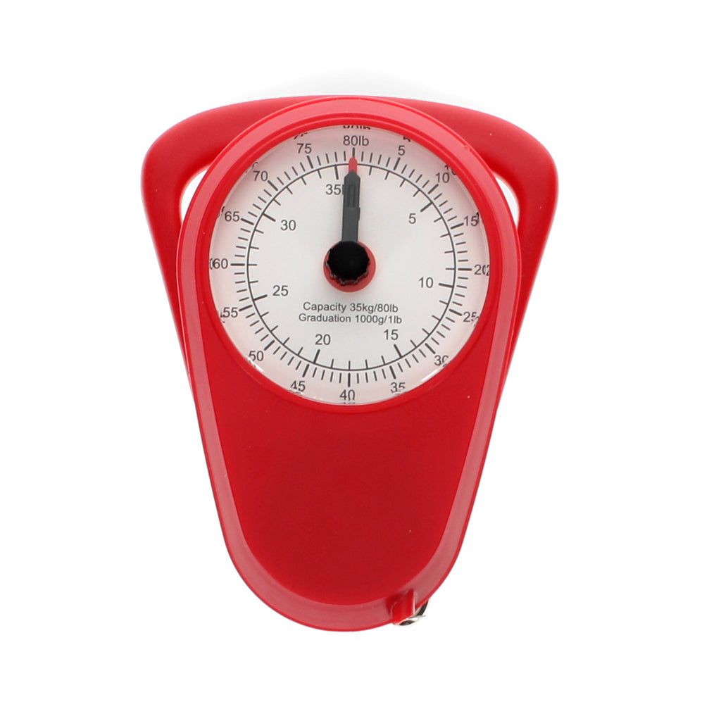 Mechanical travel scales in red, with built-in tape measure. front view