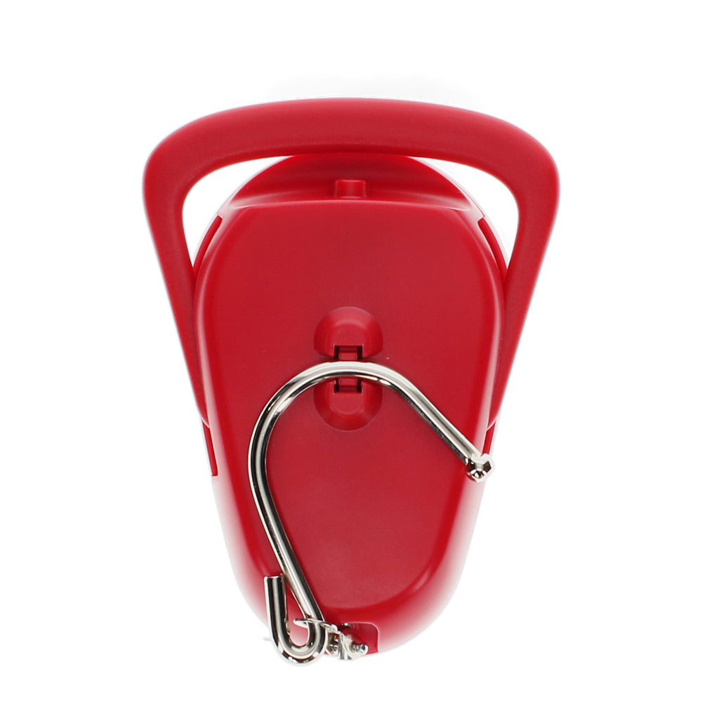 Mechanical travel scales in red, with built-in tape measure. back view