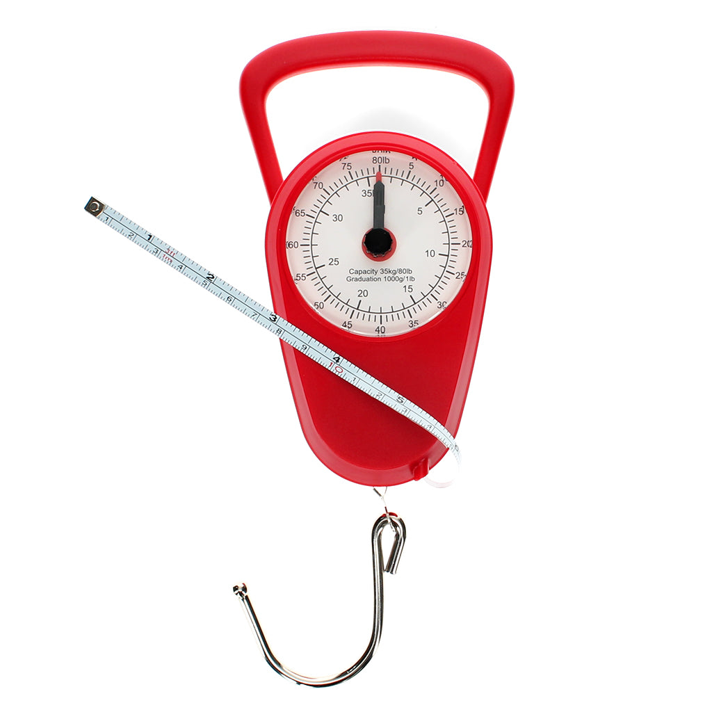 Mechanical travel scales in red, with built-in tape measure. showing hook and tape