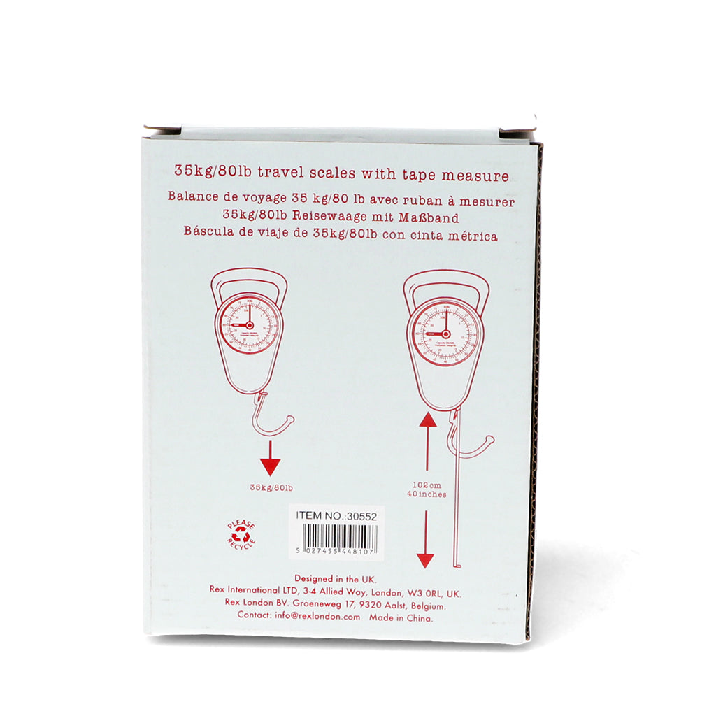 Mechanical travel scales in red, with built-in tape measure. back of box