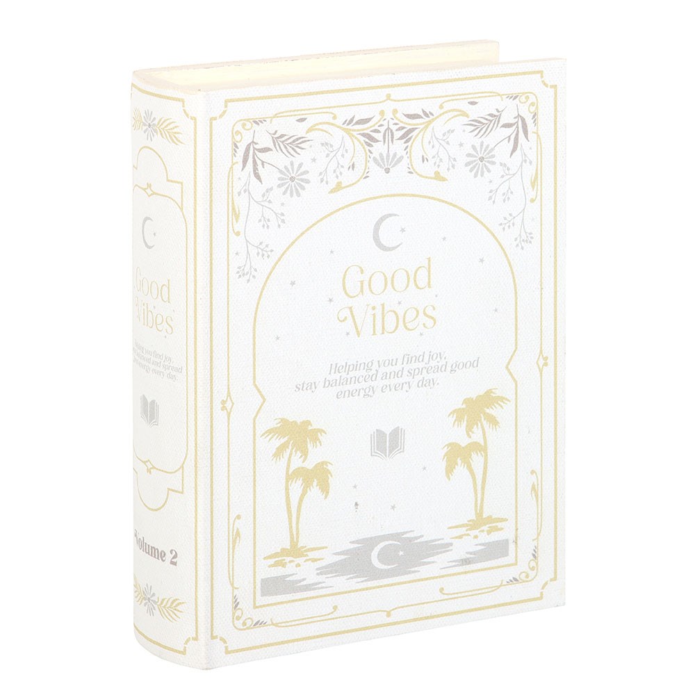 Book storage box of 'Good Vibes' book with decorative elements on a white background