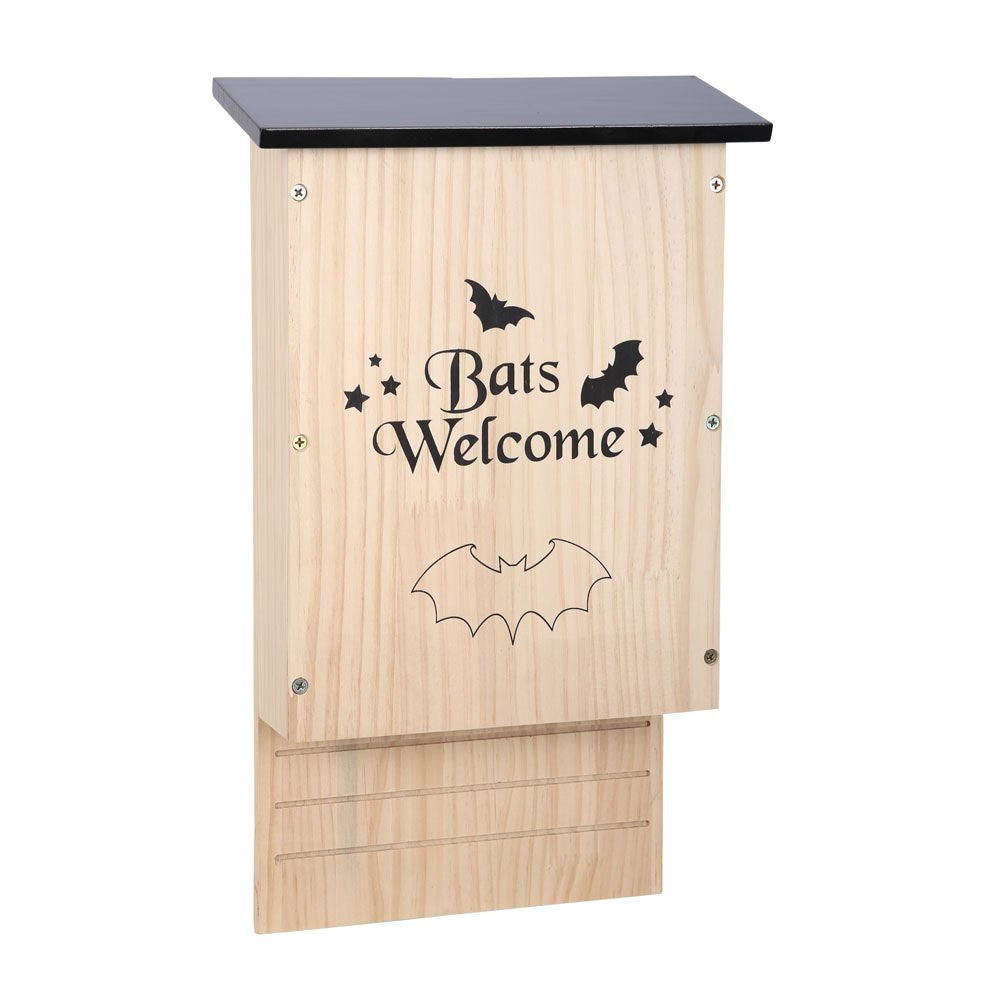 Wooden bat house with 'Bats Welcome' text and bat illustrations bat box