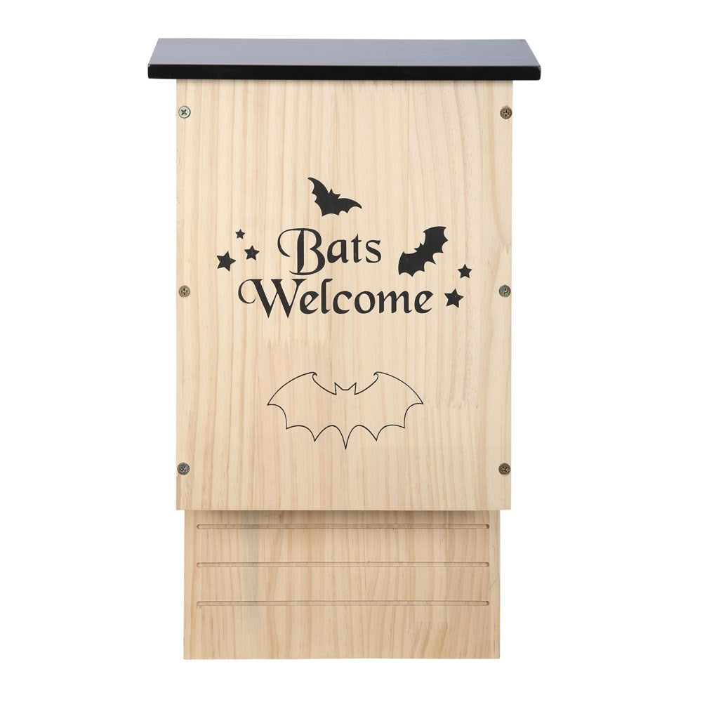 Wooden bat house with 'Bats Welcome' text and bat illustrations bat box for garden